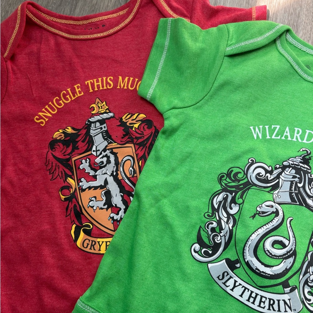 Gryffindor and Slytherin 18 month onesies